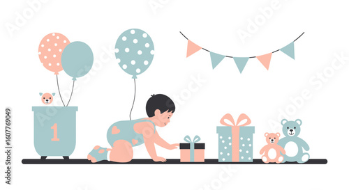 First Birthday Celebration Featuring An Adorable Baby Surrounded By Gifts And Balloons