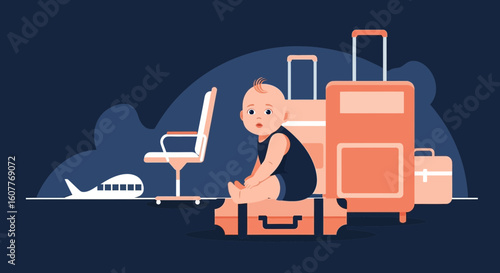 First Class Adventures Little Child Sitting On Suitcase Ready For Vacation