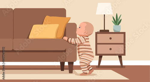First Steps Little One Discovering New World with Sofa Support