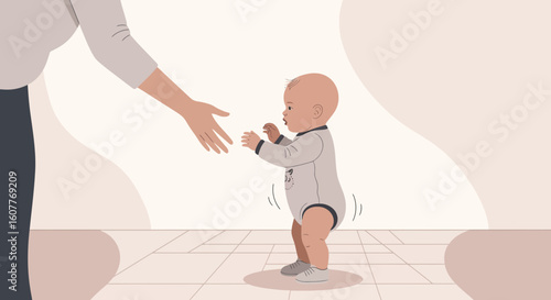 First Steps Little Baby Learning To Walk With Mother's Encouragement