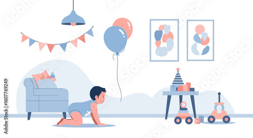 First Year Celebration Background Featuring A Cute Baby And Party Decoration