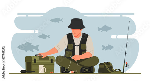Fisherman Prepares Tackle Near Water Preparing For Fishing Day Adventure
