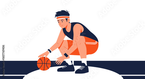 Focused Athlete Bouncing Basketball on Court During Practice Session