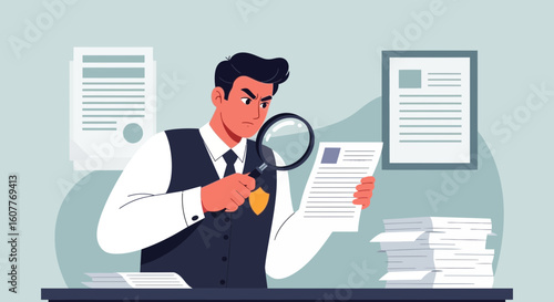 Focused Detective Inspecting Documents With Magnifying Glass At The Office