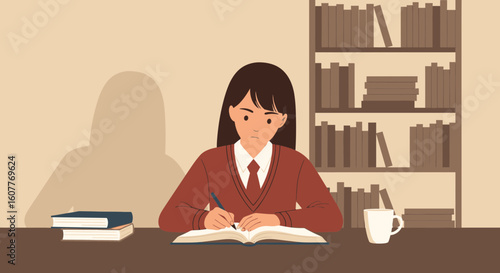 Focused Student Immersed In Books And Learning Journey At Home For Education