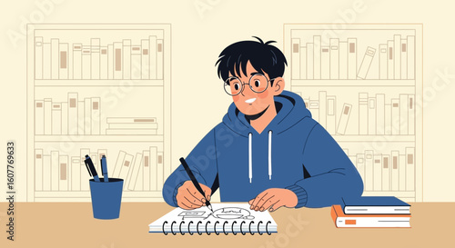 Focused Student Creating Detailed Illustrations In Bright And Comfortable Home Environment