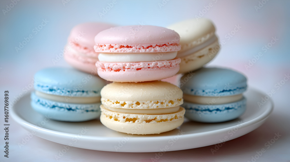 Fototapeta premium Six pastel-colored macarons stacked on a small white plate.