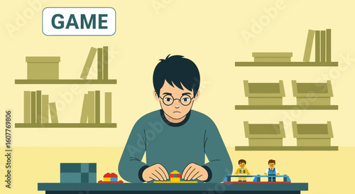 Focused Young Man Builds Colorful Toy Blocks At Home On An Isolated Background