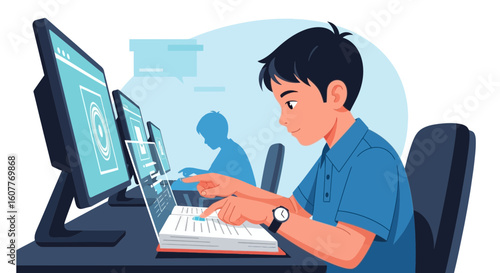 Focused Young Man Working On Laptop In A Bright Tech Workspace Illustration