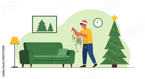 Frustrated Man Struggling With Tangled Christmas Lights During Holiday Preparation