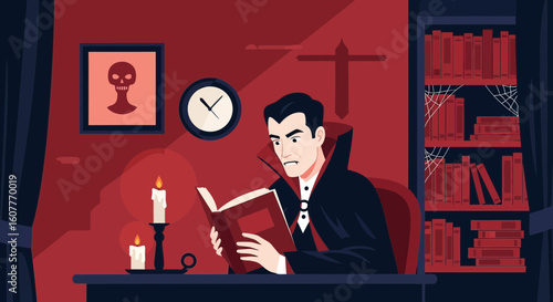 Frowning Vampire Reads A Dusty Book In His Crimson Lit Library