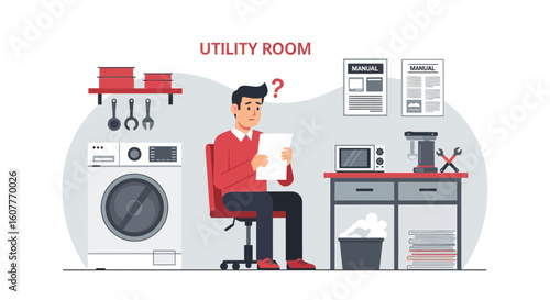 Frustrated Man Tries to Understand Household Appliance Manual in Utility Room
