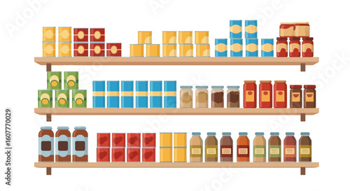 Full Shelves In A Grocery Store With Products Cans And Jars