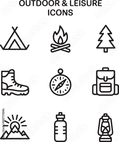 Simple Line Art Icons of Outdoor Activities.