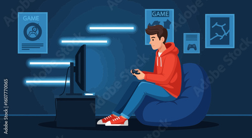 Gamer Relaxing On A Beanbag Chair Playing Video Games At Home At Night