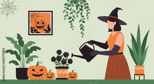 Gardening Witch Watering Black Roses Amidst Halloween Pumpkins At Home