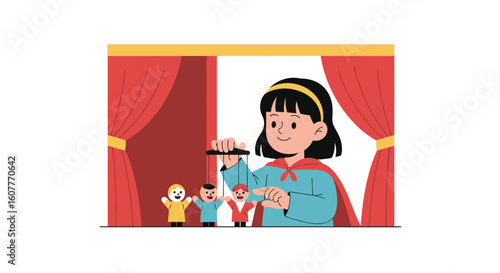 Girl Directing A Puppet Show Behind The Stage With Happiness And Confidence