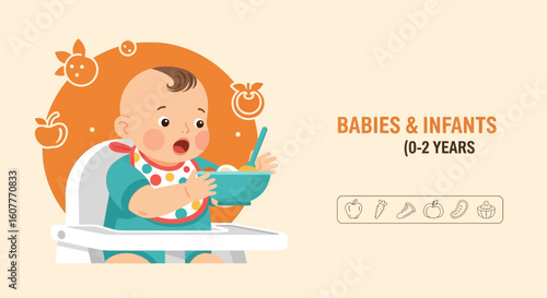 Happy Infant Enjoying A Healthy Meal With Cute Fruit And Veggie Graphics
