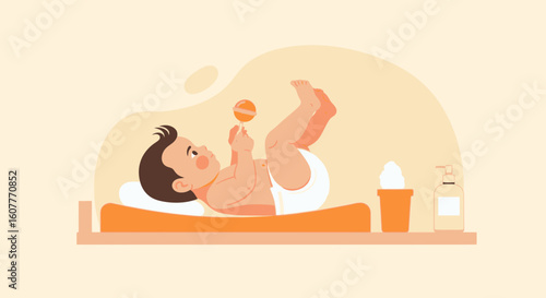 Happy Infant Lying Down Holding A Rattle With Diaper And Body Care Products