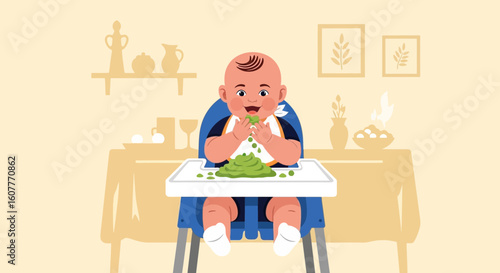 Happy Infant Enjoying Nutritious Green Puree In A Highchair Setting