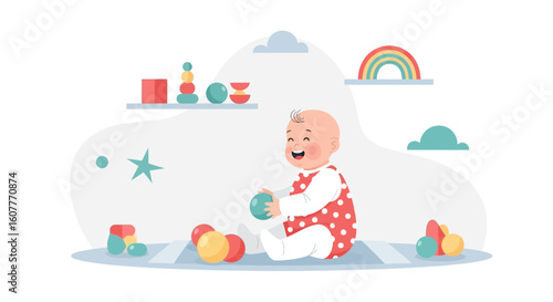 Happy Infant Playing With Colorful Toys In A Playroom Illustration