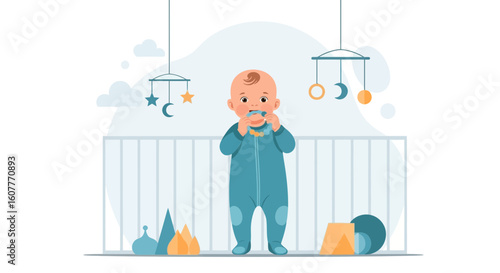 Happy Infant Playing With A Teether In Nursery Room Illustration