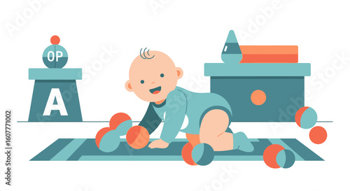 Happy Infant Plays With Spheres In A Room Full Of Educational Toys