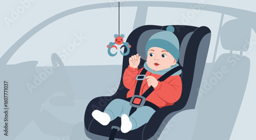 Happy Infant Securely Fastened In Car Seat During A Joyful Family Trip