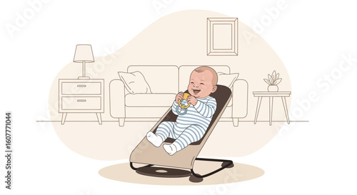Happy Infant Relaxing In A Bouncer Chewing A Rattle At Home In The Nursery