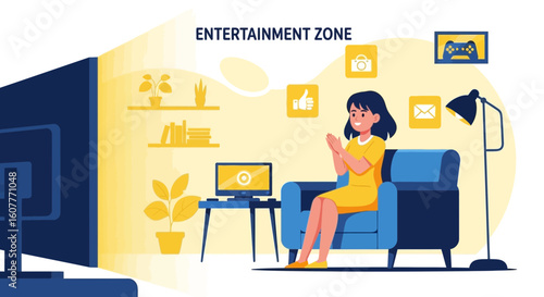Girl Enjoying Entertainment At Home In Cozy Living Room With Modern Devices