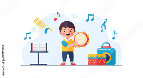 Happy Kid Playing Tambourine And Enjoying Musical Instruments Around