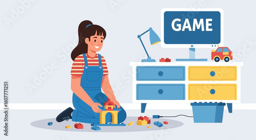 Girl Enjoys Building Blocks At Home Playing Game On Computer Having Fun