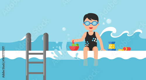 Happy Kid Splashing Water While Sitting At Edge Of Swimming Pool