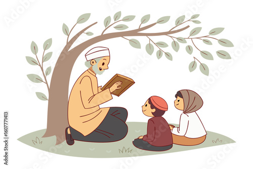 A young muslim man joyfully engaged in prayer holding prayer beads and facing a holy book