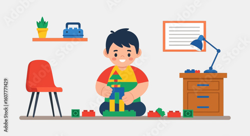 Happy Little Boy Building a Tower with Colorful Blocks In His Room