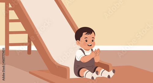 Happy Little Boy Clapping Hands Sitting at Bottom of Playful Slide