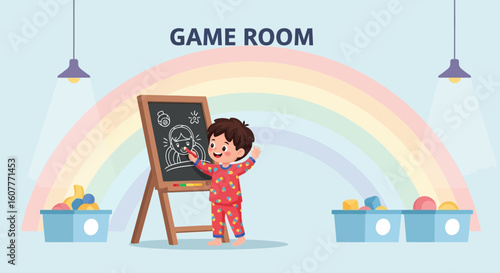 Happy Little Boy Drawing on a Chalkboard in Game Room, Colorful Scene