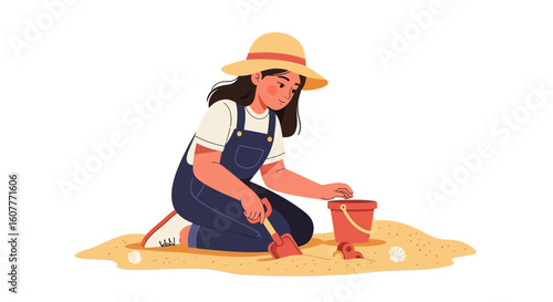 Girl In Overalls Playing With Sand On The Beach During Summertime