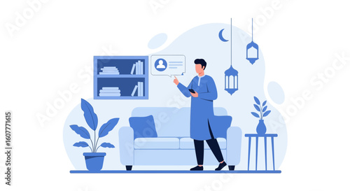 Man Using A Smartphone In A Modern Room With Islamic Decorations Elements