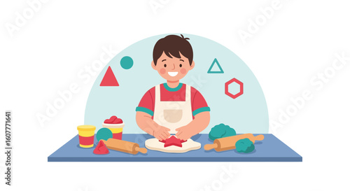 Happy Little Boy Playing with Dough During Creative Time in Kindergarten