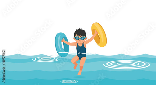 Joyful Young Swimmer With Colorful Floats Ready For Aquatic Fun