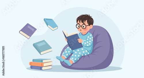 Joyful Youngster Absorbed in Literature on Comfortable Beanbag Chair