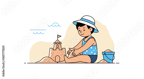 Joyful Youngster Constructing A Sandcastle At The Beach On Summer Vacation