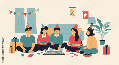 Happy People Play Board Game Together in the Living Room During Party Celebration