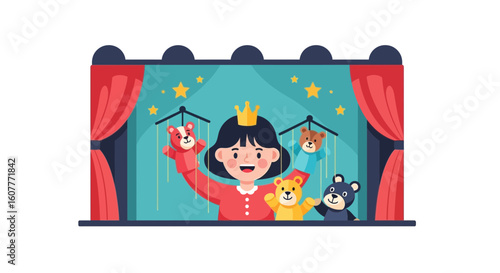 Girl Performs Puppet Show With Animal Toys On A Stage Background Vector