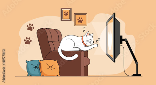 Lazy Day Nap White Cat On The Chair Watching Tv At Home Illustration