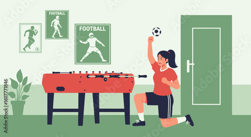 Happy Sportswoman At Home Playing Table Football And Holding Soccer Ball