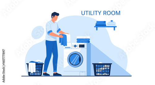 Laundry Day Routine A Man Doing Laundry In A Utility Room Illustration