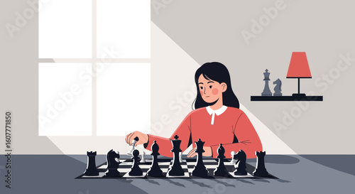 Girl Playing Chess At Home, Enjoying A Relaxing Moment And Strategic Game