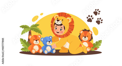 Little Adventurer Dressed as a Lion Playing With His Stuffed Animals